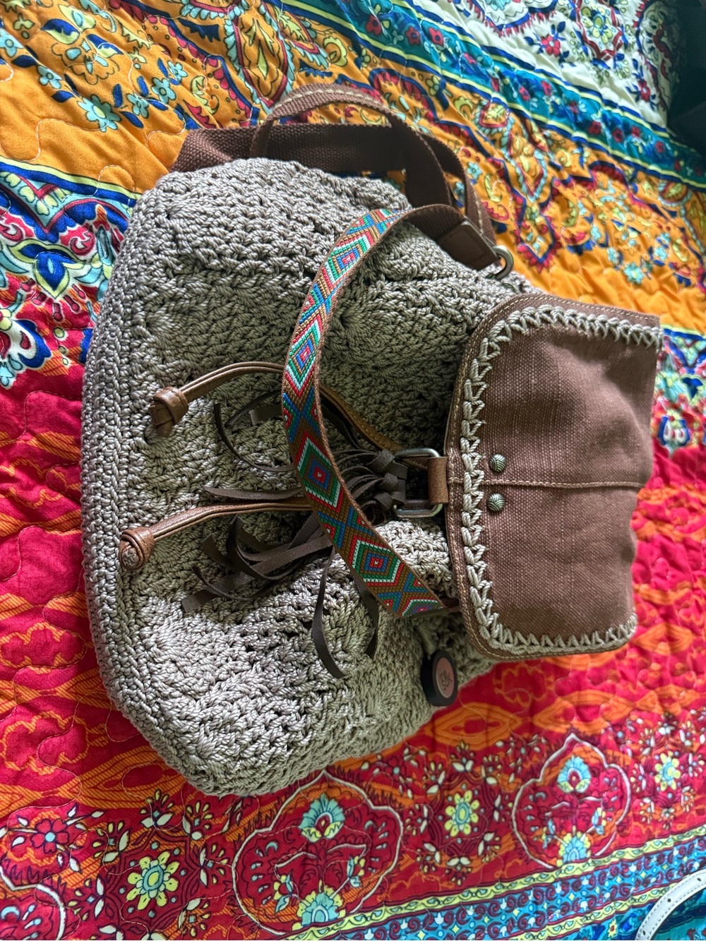 The Sak Woven Crochet Drawstring Backpack - Beige & Brown